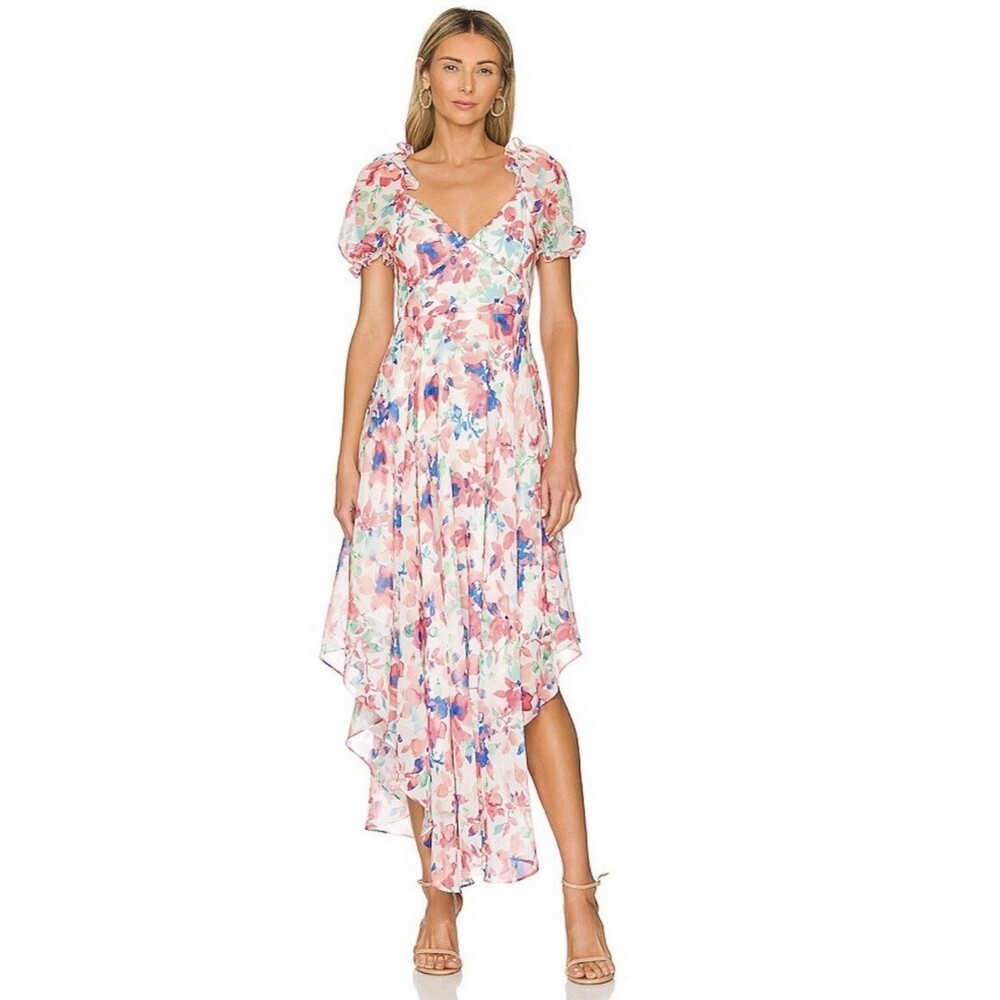Sau Lee Georgia Dress Multi Watercolor Floral Puff Sleeve Midi Dress Size 2 Chic